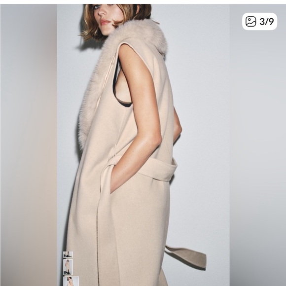 Zara Beige Long Vest with Faux Fur Trim - Picture 3 of 9